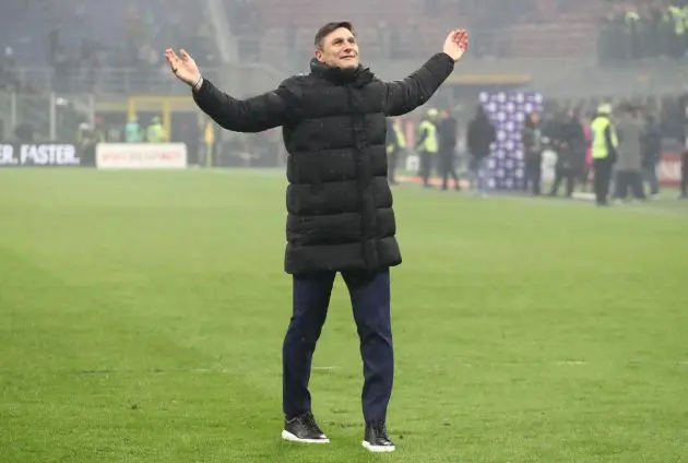 MILAN, ITALY - APRIL 22: Javier Zanetti, Vice President of FC Internazionale celebrates after winning the Serie A TIM title after winning the the Serie A TIM match between AC Milan and FC Internazionale at Stadio Giuseppe Meazza on April 22, 2024 in Milan, Italy. (Photo by Marco Luzzani/Getty Images)