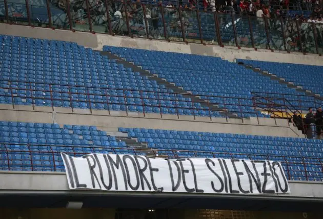 MILAN, ITALY - MAY 05: A detailed view of a banner left by AC Milan fans following the Serie A TIM match between AC Milan and Genoa CFC at Stadio Giuseppe Meazza on May 05, 2024 in Milan, Italy. (Photo by Marco Luzzani/Getty Images)