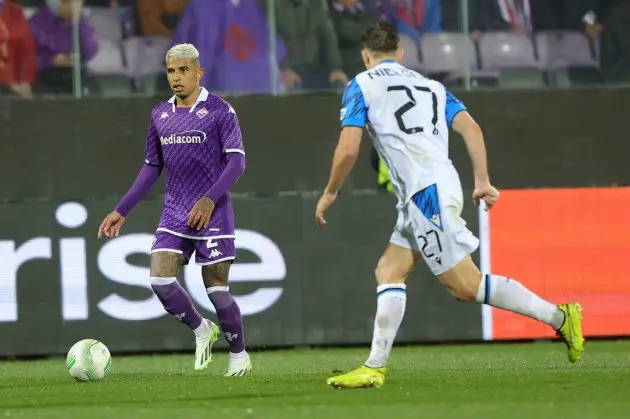 FLORENCE, ITALY - MAY 2: Domilson Cordeiro dos Santos known as Dodo of ACF Fiorentina in action during the UEFA Europa Conference League 2023/24 Semi-Final first leg match between ACF Fiorentina and Club Brugge at Stadio Artemio Franchi on May 2, 2024 in Florence, Italy.(Photo by Gabriele Maltinti/Getty Images)