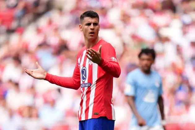 MADRID, SPAIN - MAY 12: Alvaro Morata of Atletico Madrid reacts during the LaLiga EA Sports match between Atletico Madrid and Celta Vigo at Civitas Metropolitano Stadium on May 12, 2024 in Madrid, Spain. (Photo by Angel Martinez/Getty Images)