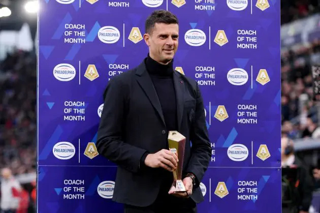 BOLOGNA, ITALY - MARCH 09: Chelsea target Thiago Motta, Head Coach of Bologna FC, can be seen with the Coach of the month award prior to the Serie A TIM match between Bologna FC and FC Internazionale at Stadio Renato Dall'Ara on March 09, 2024 in Bologna, Italy. (Photo by Alessandro Sabattini/Getty Images)