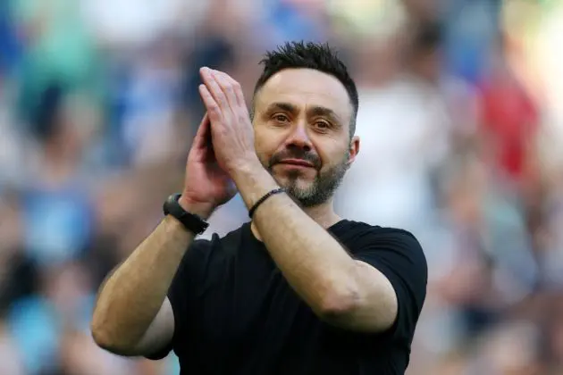 BRIGHTON, ENGLAND - MAY 19: Roberto De Zerbi, Manager of Brighton & Hove Albion, acknowledges the fans following the Premier League match between Brighton & Hove Albion and Manchester United at American Express Community Stadium on May 19, 2024 in Brighton, England. (Photo by Charlie Crowhurst/Getty Images)
