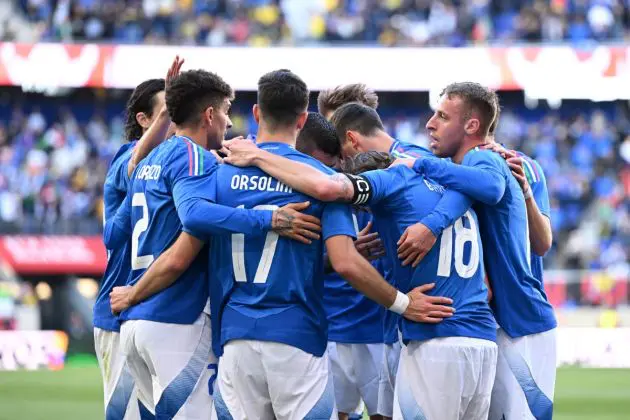 HARRISON, NEW JERSEY - MARCH 24: Euro 2024 hopefuls Nicolo Barella of Italy celebrates with team-mates after scoring a goal during the International Friendly match between Ecuador and Italy at Red Bull Arena on March 24, 2024 in Harrison, New Jersey. (Photo by Claudio Villa/Getty Images)
