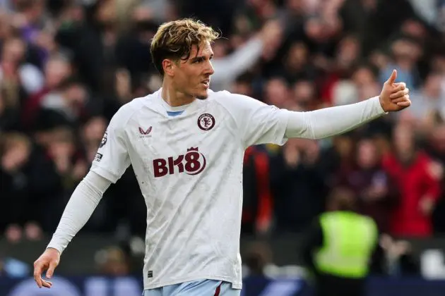 Aston Villa midfielder Nicolo Zaniolo celebrates after scoring his team first goal during the English Premier League football match between West Ham United and Aston Villa at the London Stadium, in London on March 17, 2024. (Photo by Adrian DENNIS / AFP) / RESTRICTED TO EDITORIAL USE. No use with unauthorized audio, video, data, fixture lists, club/league logos or 'live' services. Online in-match use limited to 120 images. An additional 40 images may be used in extra time. No video emulation. Social media in-match use limited to 120 images. An additional 40 images may be used in extra time. No use in betting publications, games or single club/league/player publications. / (Photo by ADRIAN DENNIS/AFP via Getty Images)