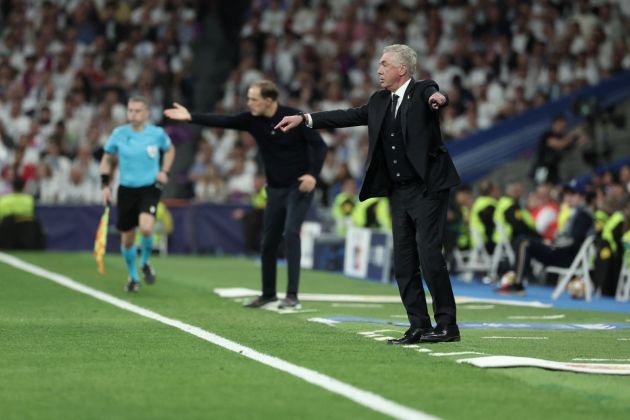 Real Madrid coach Carlo Ancelotti gestures on the touchline during the UEFA Champions League semi final second leg football match between Real Madrid CF and FC Bayern Munich at the Santiago Bernabeu stadium in Madrid on May 8, 2024. (Photo by Thomas COEX / AFP) (Photo by THOMAS COEX/AFP via Getty Images)