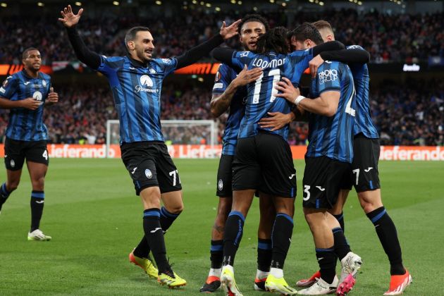 Atalanta forward Ademola Lookman (C) celebrates with teammates after scoring his team's second goal during the UEFA Europa League final football match between Atalanta and Bayer Leverkusen at the Dublin Arena stadium, in Dublin, on May 22, 2024. (Photo by Adrian DENNIS / AFP) (Photo by ADRIAN DENNIS/AFP via Getty Images)