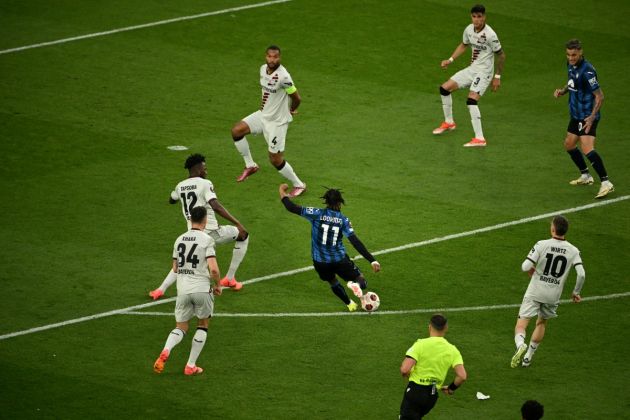 Atalanta forward Ademola Lookman scores his team's second goal during the UEFA Europa League final football match between Atalanta and Bayer Leverkusen at the Dublin Arena stadium, in Dublin, on May 22, 2024. (Photo by Oli SCARFF / AFP) (Photo by OLI SCARFF/AFP via Getty Images)