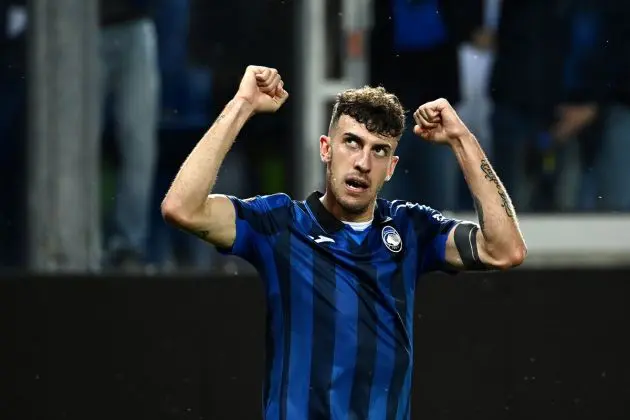 Atalanta defender Matteo Ruggeri celebrates after scoring his team second goal during the UEFA Europa league second leg semi-final between Atalanta and Marseille at Bergamo's stadium on May 9, 2024. (Photo by Isabella BONOTTO / AFP) (Photo by ISABELLA BONOTTO/AFP via Getty Images)