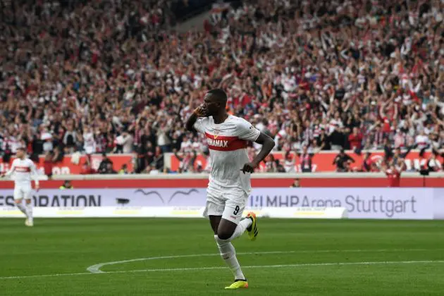 VfB Stuttgart forward Serhou Guirassy celebrates after scoring the opening 1-0 goal during the German first division Bundesliga football match VfB Stuttgart v 1. FC Heidenheim in Stuttgart, southwestern Germany on March 31, 2024. The goal was denied after review (Photo by Thomas KIENZLE / AFP) / DFL REGULATIONS PROHIBIT ANY USE OF PHOTOGRAPHS AS IMAGE SEQUENCES AND/OR QUASI-VIDEO (Photo by THOMAS KIENZLE/AFP via Getty Images)