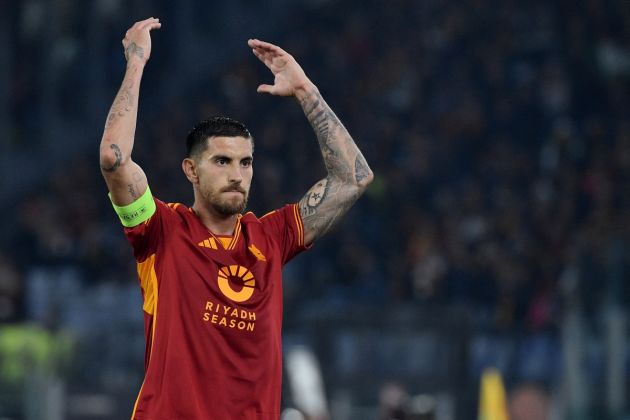 Roma midfielder and Serie A star Lorenzo Pellegrini reacts during the UEFA Europa League football match between AS Roma and AC Milan at the Olympic stadium, in Rome on April 18, 2024. (Photo by Filippo MONTEFORTE / AFP) (Photo by FILIPPO MONTEFORTE/AFP via Getty Images)