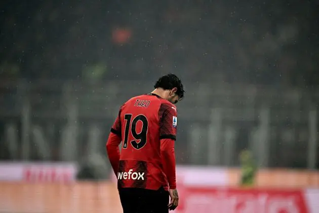 AC Milan defender Theo Hernandez reacts during the Italian Serie A football match between AC Milan and Inter Milan at the San Siro Stadium in Milan on April 22, 2024. (Photo by GABRIEL BOUYS / AFP) (Photo by GABRIEL BOUYS/AFP via Getty Images)