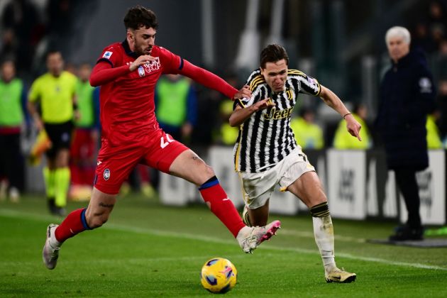 Coppa Italia final opponents - Atalanta defender Matteo Ruggeri (L) fights for the ball with Juventus forward Federico Chiesa during the Italian Serie A football match between Juventus and Atalanta at the Allianz Stadium in Turin, on March 10, 2024. (Photo by MARCO BERTORELLO / AFP) (Photo by MARCO BERTORELLO/AFP via Getty Images)