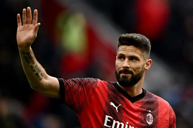 AC Milan forward Olivier Giroud reacts during the Italian Serie A football match between AC Milan and Empoli at San Siro stadium in Milan, on March 10, 2024. (Photo by GABRIEL BOUYS / AFP) (Photo by GABRIEL BOUYS/AFP via Getty Images)