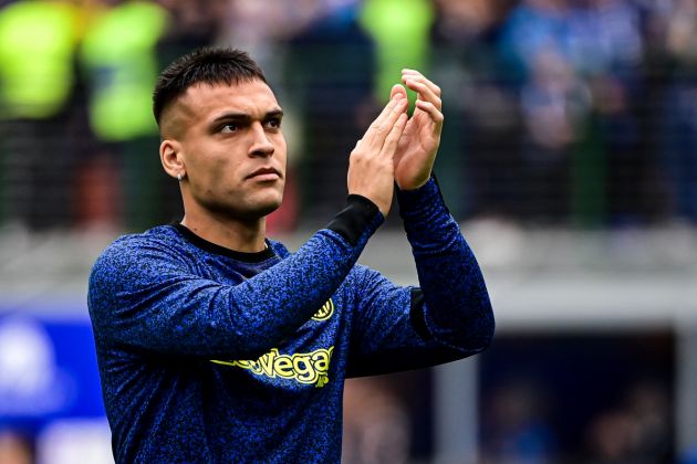 Inter Milan forward Lautaro Martinez applauds fans before the Italian Serie A football match between Inter Milan and Torino at the San Siro Stadium in Milan, on April 28, 2024. Inter clinched their 20th Scudetto with a 2-1 victory over AC Milan on April 22, 2024. (Photo by Piero CRUCIATTI / AFP) (Photo by PIERO CRUCIATTI/AFP via Getty Images)