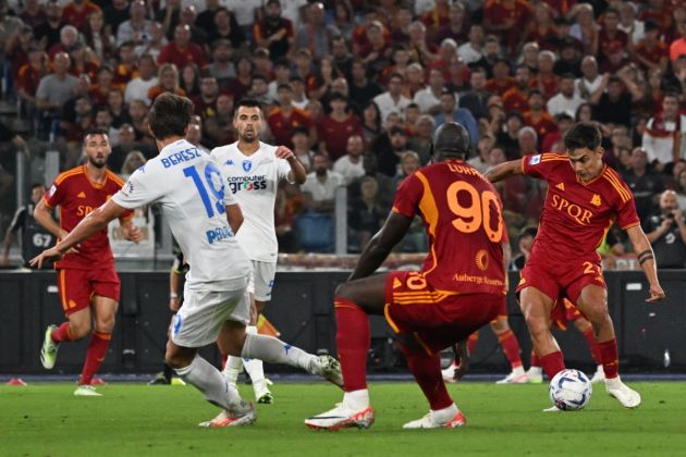 Roma forward Paulo Dybala shoots to score his team's second goal during the Italian Serie A football match red between AS Roma and Empoli at the Olympic stadium in Rome on September 17, 2023. (Photo by Andreas SOLARO / AFP) (Photo by ANDREAS SOLARO/AFP via Getty Images)