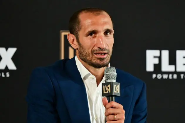 Giorgio Chiellini speaks at a press conference introducing his arrival to Major League Soccer club Los Angeles FC (LAFC) on June 29, 2022 in Los Angeles. - The former Juventus defender joins LAFC on July 1. (Photo by Frederic J. BROWN / AFP) (Photo by FREDERIC J. BROWN/AFP via Getty Images)