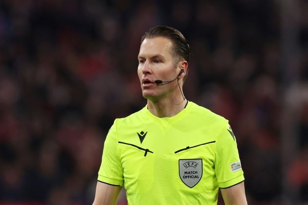 MUNICH, GERMANY - APRIL 17: Referee Danny Makkelie looks on during the UEFA Champions League quarter-final second leg match between FC Bayern München and Arsenal FC at Allianz Arena on April 17, 2024 in Munich, Germany. (Photo by Alexander Hassenstein/Getty Images)