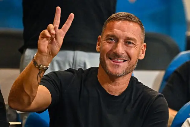 GENOA, ITALY - SEPTEMBER 28: Francesco Totti, former captain of Roma, reacts prior to kick-off in the Serie A TIM match between Genoa CFC and AS Roma at Stadio Luigi Ferraris on September 28, 2023 in Genoa, Italy. (Photo by Simone Arveda/Getty Images)