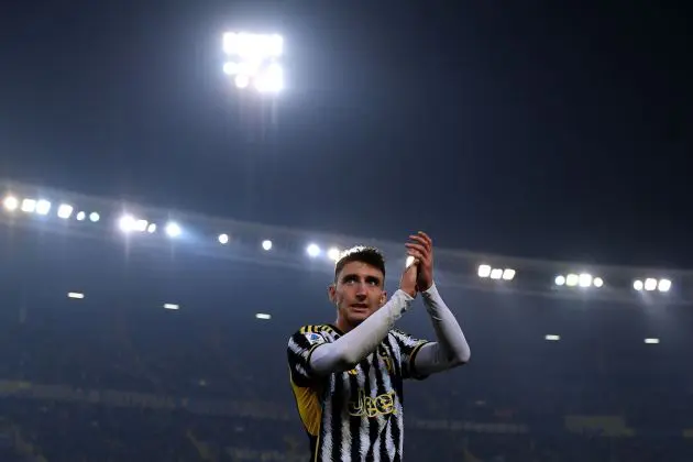 VERONA, ITALY - FEBRUARY 17: Arsenal and Manchester United target Andrea Cambiaso of Juventus applauds his fans during the Serie A TIM match between Hellas Verona FC and Juventus - Serie A TIM at Stadio Marcantonio Bentegodi on February 17, 2024 in Verona, Italy. (Photo by Alessandro Sabattini/Getty Images)