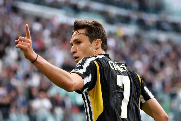 TURIN, ITALY - MAY 25: Federico Chiesa of Juventus celebrates scoring his team's first goal during the Serie A TIM match between Juventus and AC Monza at on May 25, 2024 in Turin, Italy. (Photo by Valerio Pennicino/Getty Images)