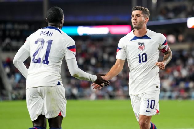 ST PAUL, MINNESOTA - SEPTEMBER 12: Serie A duo Christian Pulisic #10 of United States and Tim Weah #21 look on against Oman at Allianz Field on September 12, 2023 in St Paul, Minnesota. (Photo by Brace Hemmelgarn/Getty Images)