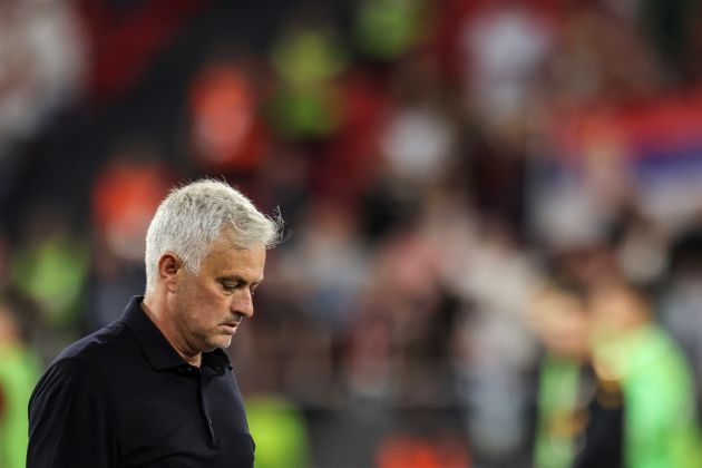 BUDAPEST, HUNGARY - MAY 31: Jose Mourinho, Head Coach of AS Roma reacts after the UEFA Europa League 2022/23 final match between Sevilla FC and AS Roma at Puskas Arena on May 31, 2023 in Budapest, Hungary. (Photo by Maja Hitij/Getty Images)