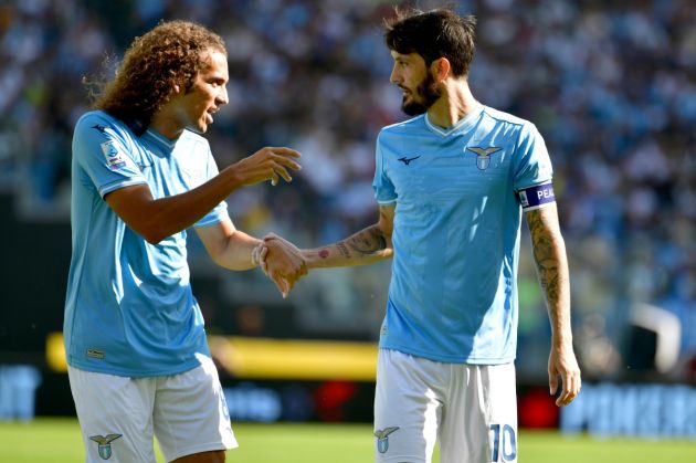 ROME, ITALY - OCTOBER 08: Matteo Guendouzi and Luis Alberto of SS Lazio speacks during the Serie A TIM match between SS Lazio and Atalanta BC at Stadio Olimpico on October 08, 2023 in Rome, Italy. (Photo by Marco Rosi - SS Lazio/Getty Images)