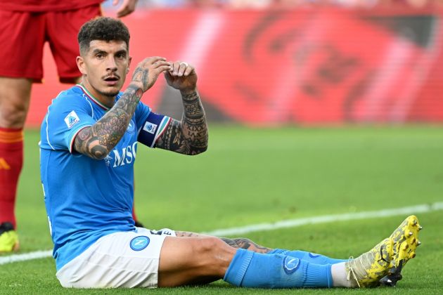 NAPLES, ITALY - APRIL 28: Giovanni Di Lorenzo of SSC Napoli shows his disappointment during the Serie A TIM match between SSC Napoli and AS Roma - Serie A TIM at Stadio Diego Armando Maradona on April 28, 2024 in Naples, Italy. (Photo by Francesco Pecoraro/Getty Images) (Photo by Francesco Pecoraro/Getty Images)