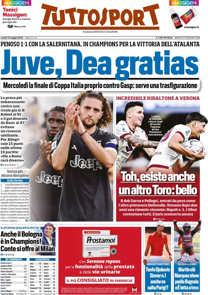Diarios de hoy – Juventus y Bolonia agradecidos al Atalanta, la Roma domina 2-1