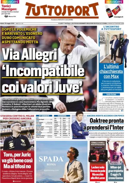 Today’s Papers: Allegri incompatible with Juve, Zhang can lose Inter