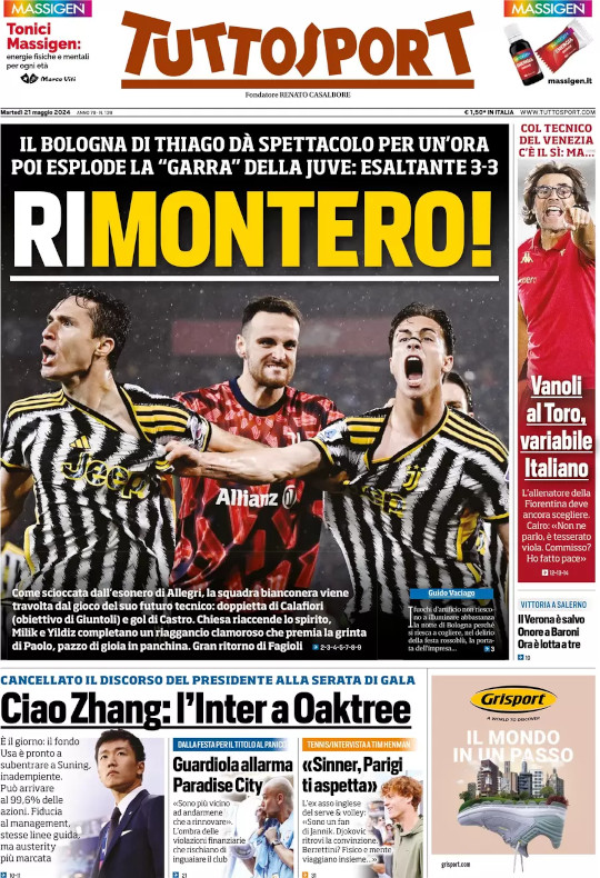 Emocionante regreso de la Juve en Bolonia, habla Lautaro: periódicos de hoy 21 de mayo