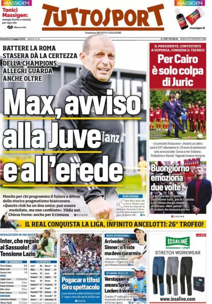 Today’s Papers – Only Sassuolo beat Inter, Roma-Juve for Champions