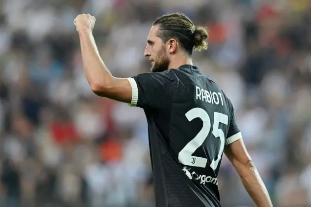 UDINE, ITALY - AUGUST 20: Adrien Rabiot of Juventus celebrates after scoring the team's third goal during the Serie A TIM match between Udinese Calcio and Juventus at Dacia Arena on August 20, 2023 in Udine, Italy. (Photo by Alessandro Sabattini/Getty Images)