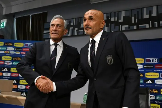 Italy's national soccer team head coach Luciano Spalletti (R) and President of the Italian Football Federation Gabriele Gravina attend a press conference in Coverciano in Florence, Italy, 02 September 2023. EPA-EFE/CLAUDIO GIOVANNINI