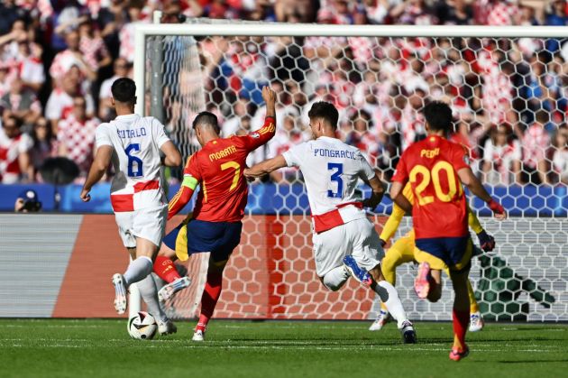 BERLIN, GERMANY - JUNE 15: Alvaro Morata of Spain scores his team's first goal during the UEFA EURO 2024 group stage match between Spain and Croatia at Olympiastadion on June 15, 2024 in Berlin, Germany. (Photo by Dan Mullan/Getty Images)