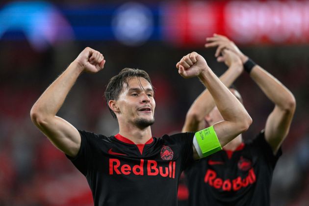 Salzburg's Bosnian defender #70 Amar Dedic celebrates at the end of the UEFA Champions League 1st round day 1 group D football match between SL Benfica and RB Salzburg at the Luz stadium in Lisbon on September 20, 2023. (Photo by Patricia DE MELO MOREIRA / AFP) (Photo by PATRICIA DE MELO MOREIRA/AFP via Getty Images)