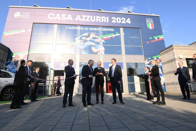 Italy ISERLOHN, GERMANY - JUNE 11: President FIGC Gabriele Gravina ,Ministro degli affari esteri Antonio Tajani, Ambassador to Germany Armando Varricchio and Mayor of Iserlohn Michael Joithe during the opening of Casa Azzurri after a training session at Casa Azzurri on June 11, 2024 in Iserlohn, Germany. (Photo by Claudio Villa/Getty Images for FIGC)