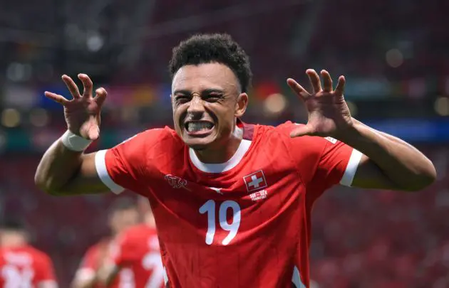 FRANKFURT AM MAIN, GERMANY - JUNE 23: Dan Ndoye of Switzerland celebrates scoring his team's first goal during the UEFA EURO 2024 group stage match between Switzerland and Germany at Frankfurt Arena on June 23, 2024 in Frankfurt am Main, Germany. (Photo by Stu Forster/Getty Images)