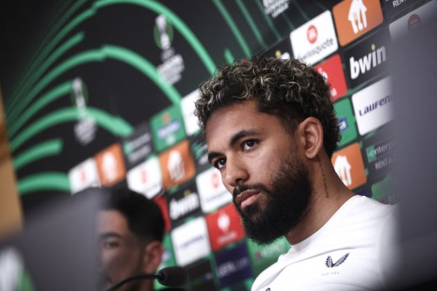 Juventus target Brazilian midfielder Douglas Luiz attends a press conference of Aston Villa FC prior to the second leg of the Europa Conference League semi final between Olympiacos FC and Aston Villa. Athens, Greece on May 8, 2024. (Photo by Dimitris Kapantais / Dimitris Kapantais / SOOC / SOOC via AFP) (Photo by DIMITRIS KAPANTAIS/Dimitris Kapantais / SOOC/AFP via Getty Images)