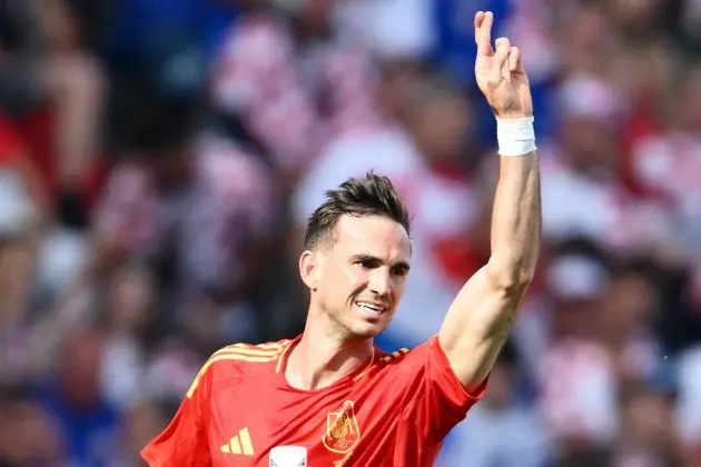 Spain's midfielder #08 Fabian Ruiz celebrates after scoring his team's second goal during the UEFA Euro 2024 Group B football match between Spain and Croatia at the Olympiastadion in Berlin on June 15, 2024. (Photo by Christophe SIMON / AFP) (Photo by CHRISTOPHE SIMON/AFP via Getty Images)