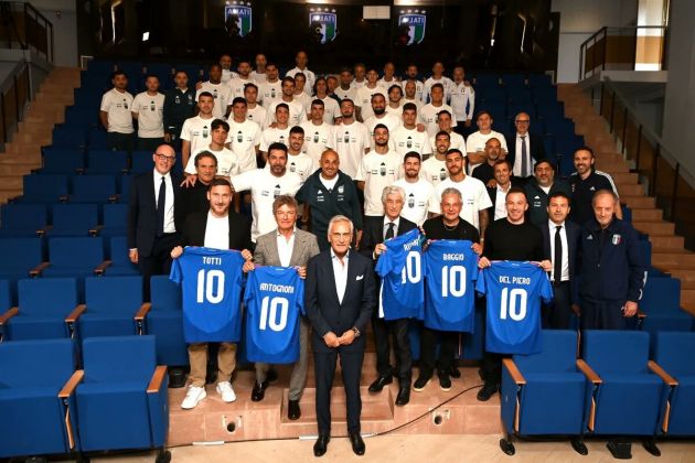 Italy national team squad visited at Coverciano by Francesco Totti, Alessandro Del Piero, Roberto Baggio, Gianni Rivera and Giancarlo Antognoni ahead of EURO 2024.