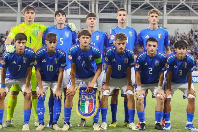 Italy U17 side line up before their UEFA European Under-17 Championship final against Portugal on June 5, 2024, which the Azzurrini went on to win 3-0.