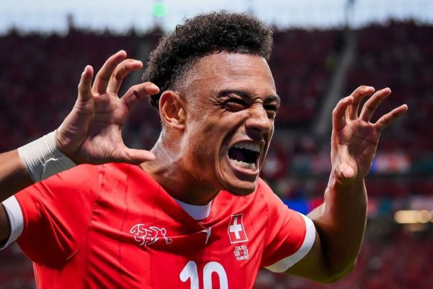 Bologna forward Dan Ndoye celebrates his first goal for Switzerland, scored against Germany in the final groups stage match at EURO 2024.