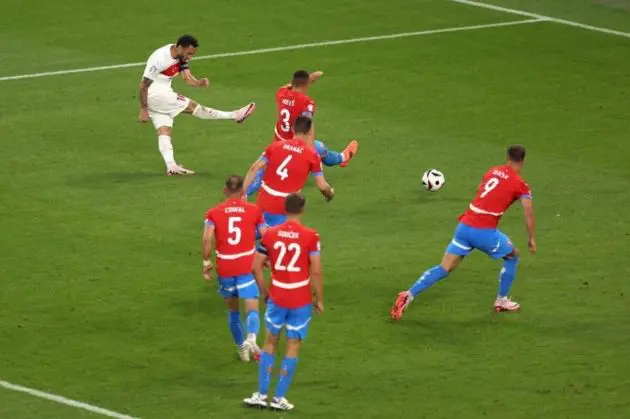 Hakan Calhanoglu fires Türkiye ahead against Czechia at EURO 2024.