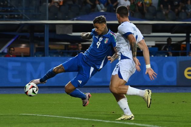 Italy's forward #09 Gianluca Scamacca fights for the ball with Bosnia-Herzegovina's midfielder #14 Dario Saric during the International friendly football match between Italy and Bosnia-Herzegovina in Empoli on June 06, 2024. (Photo by Isabella BONOTTO / AFP) (Photo by ISABELLA BONOTTO/AFP via Getty Images)