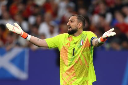 GELSENKIRCHEN, GERMANY - JUNE 20: Gianluigi Donnarumma of Italy reacts during the UEFA EURO 2024 group stage match between Spain and Italy at Arena AufSchalke on June 20, 2024 in Gelsenkirchen, Germany. (Photo by Lars Baron/Getty Images)