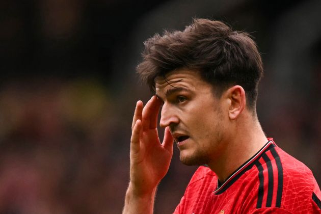 Manchester United's English defender #05 Harry Maguire reacts during the English Premier League football match between Manchester United and Burnley at Old Trafford in Manchester, north west England, on April 27, 2024. (Photo by Oli SCARFF / AFP) / RESTRICTED TO EDITORIAL USE. No use with unauthorized audio, video, data, fixture lists, club/league logos or 'live' services. Online in-match use limited to 120 images. An additional 40 images may be used in extra time. No video emulation. Social media in-match use limited to 120 images. An additional 40 images may be used in extra time. No use in betting publications, games or single club/league/player publications. / (Photo by OLI SCARFF/AFP via Getty Images)