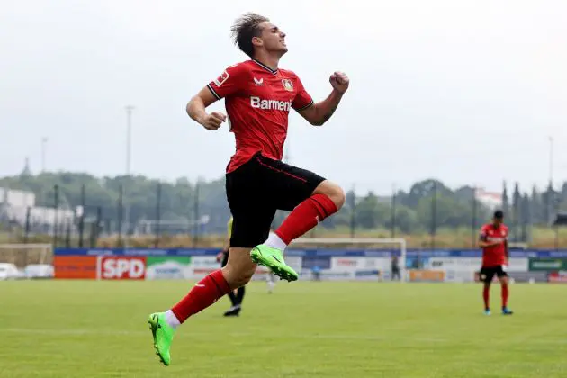 VELBERT, GERMANY - JULY 09: Iker Bravo of Leverkusen celebrates the first goal during the pre-season friendly match between Bayer 04 Leverkusen and MSV Duisburg at IMS Arena on July 09, 2022 in Velbert, Germany. (Photo by Christof Koepsel/Getty Images)