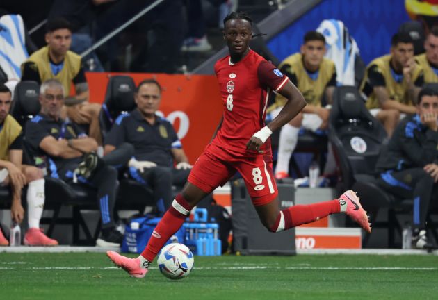 ATLANTA, GEORGIA - JUNE 20: Ismael Kone of Canada controls the ball during the CONMEBOL Copa America group A match between Argentina and Canada at Mercedes-Benz Stadium on June 20, 2024 in Atlanta, Georgia. (Photo by Todd Kirkland/Getty Images)