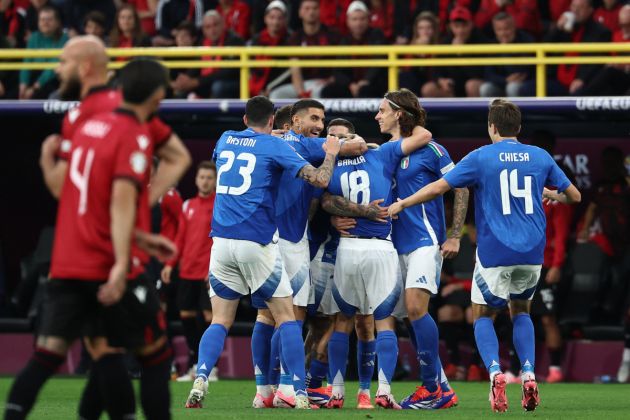 Italy's midfielder #18 Nicolo Barella (C) celebrates with teammates after scoring his team's second goal during the UEFA Euro 2024 Group B football match between Italy and Albania at the BVB Stadion in Dortmund on June 15, 2024. (Photo by FRANCK FIFE / AFP) (Photo by FRANCK FIFE/AFP via Getty Images)